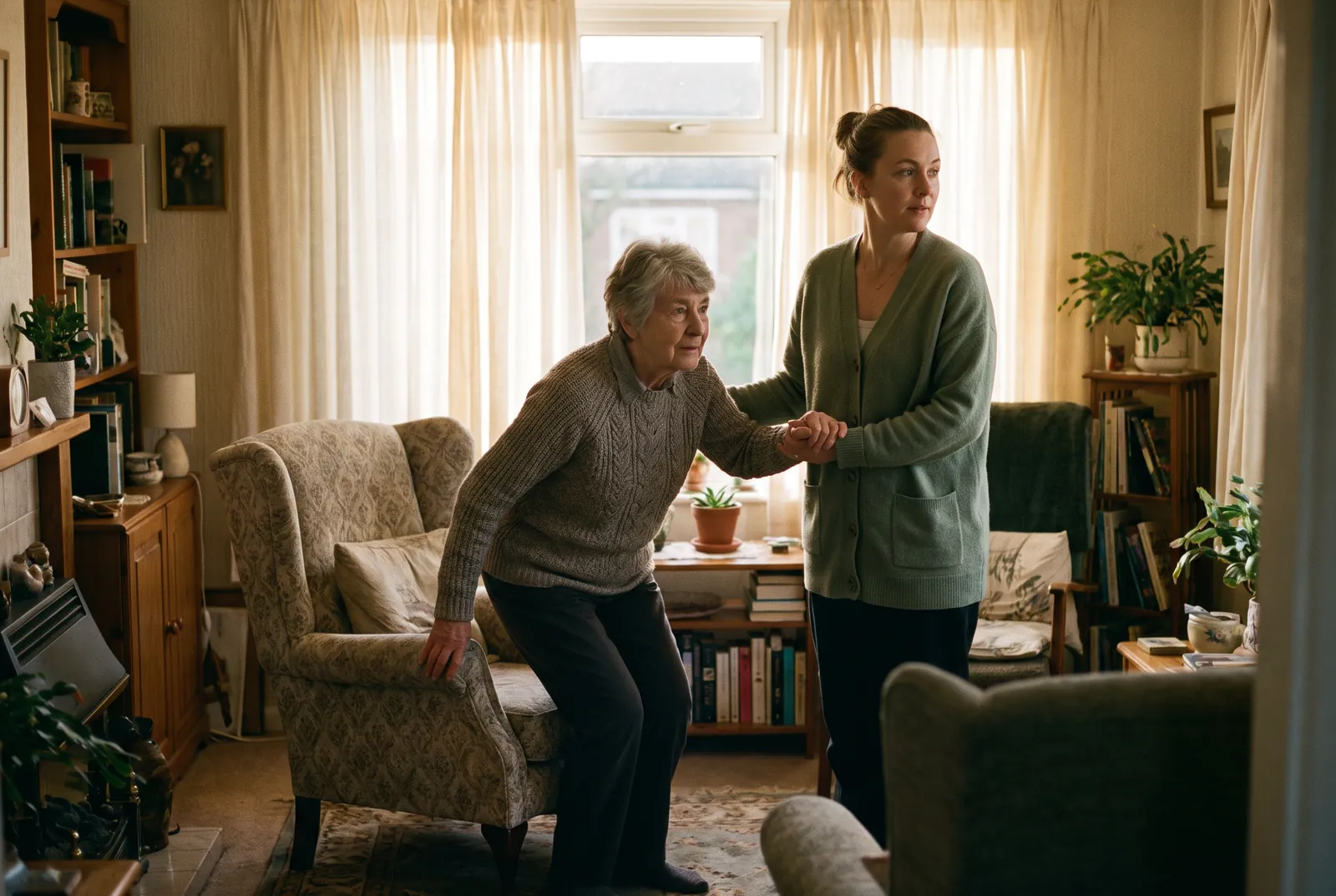 A caregiver walking beside an older adult in a bright hallway at home