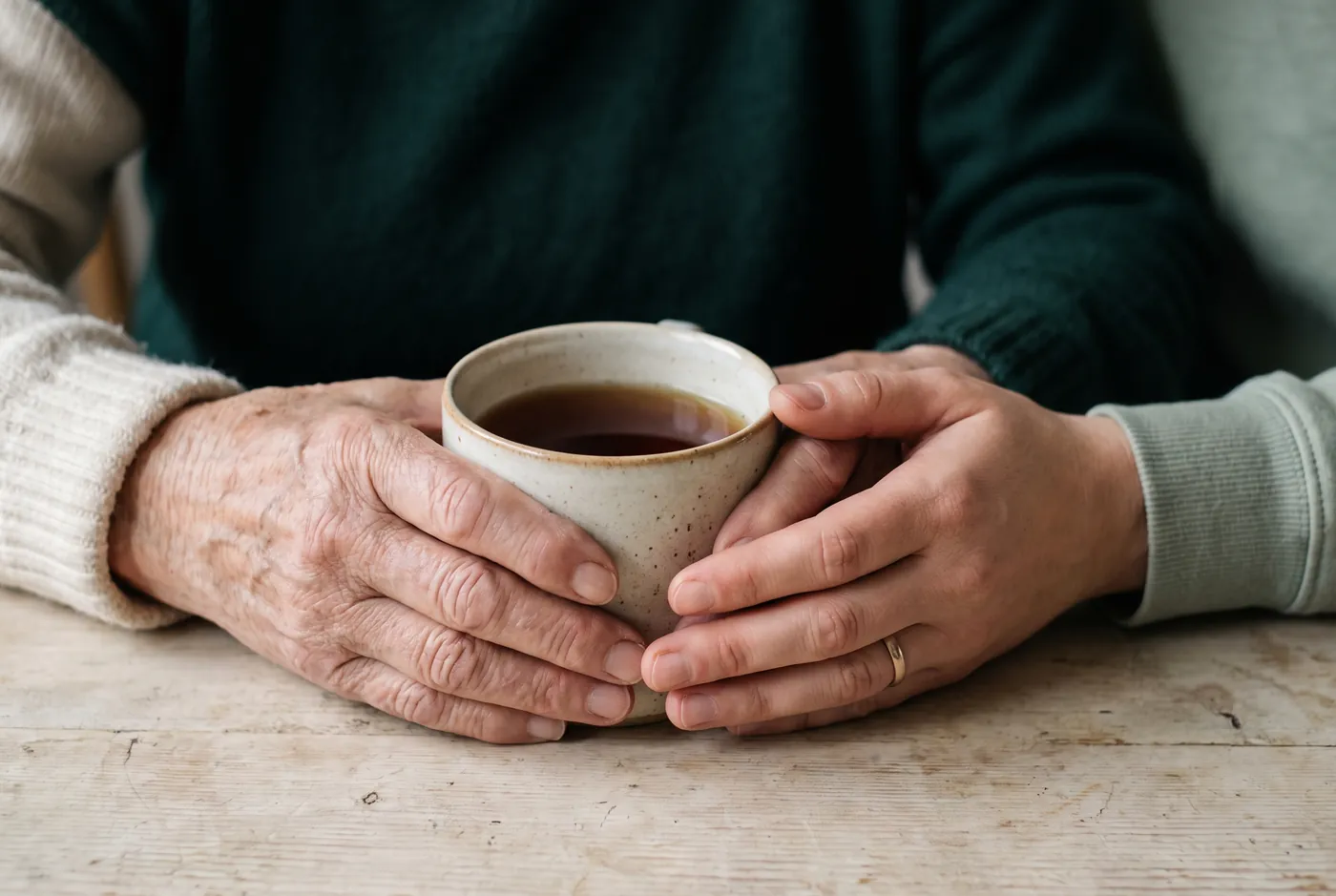 A younger pair of hands steadying an older pair of hands around a mug of tea