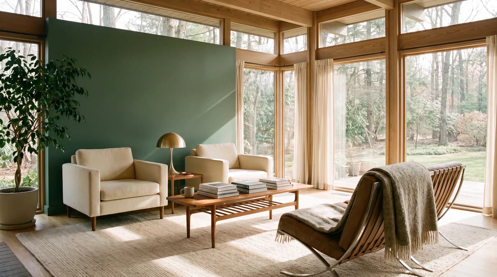 A calm, considered living room with mid-century furniture, a wool throw over a chair and light pooling on a pale rug.