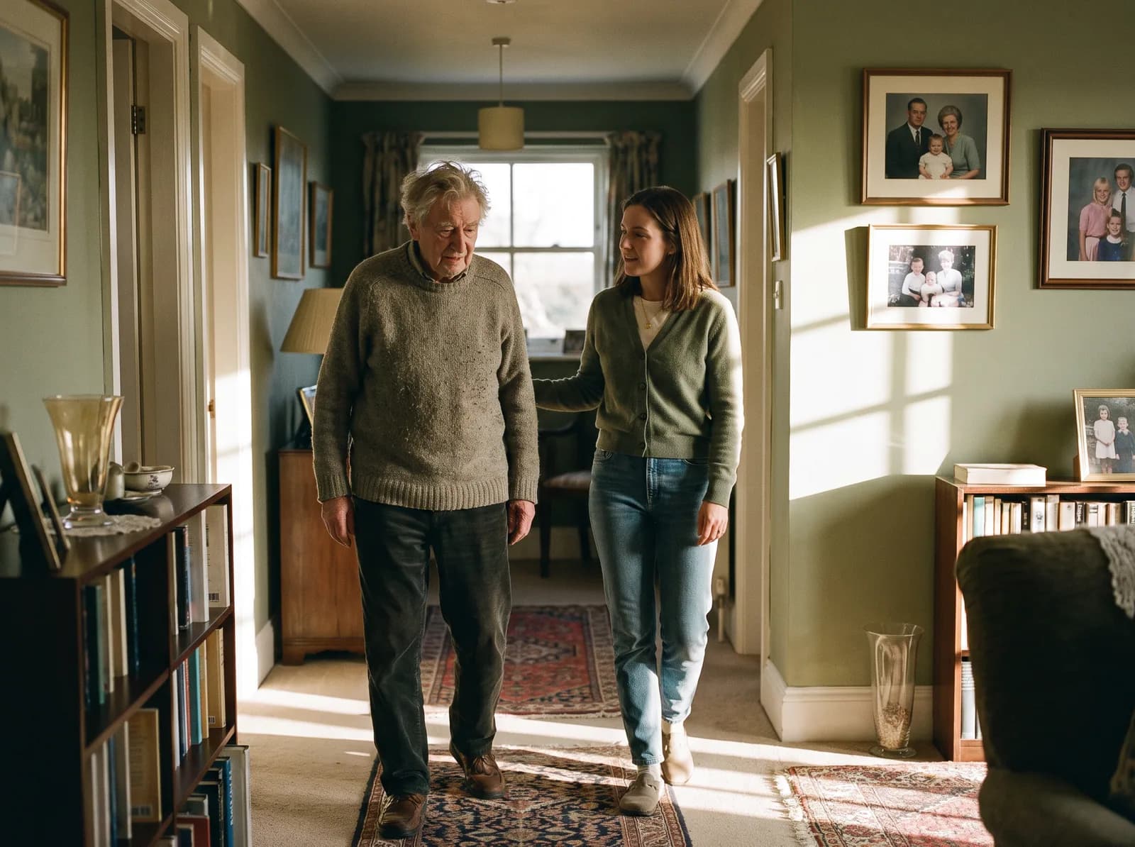 A caregiver and an older man walk slowly together along a sunlit interior hallway, the caregiver's hand lightly at his back.