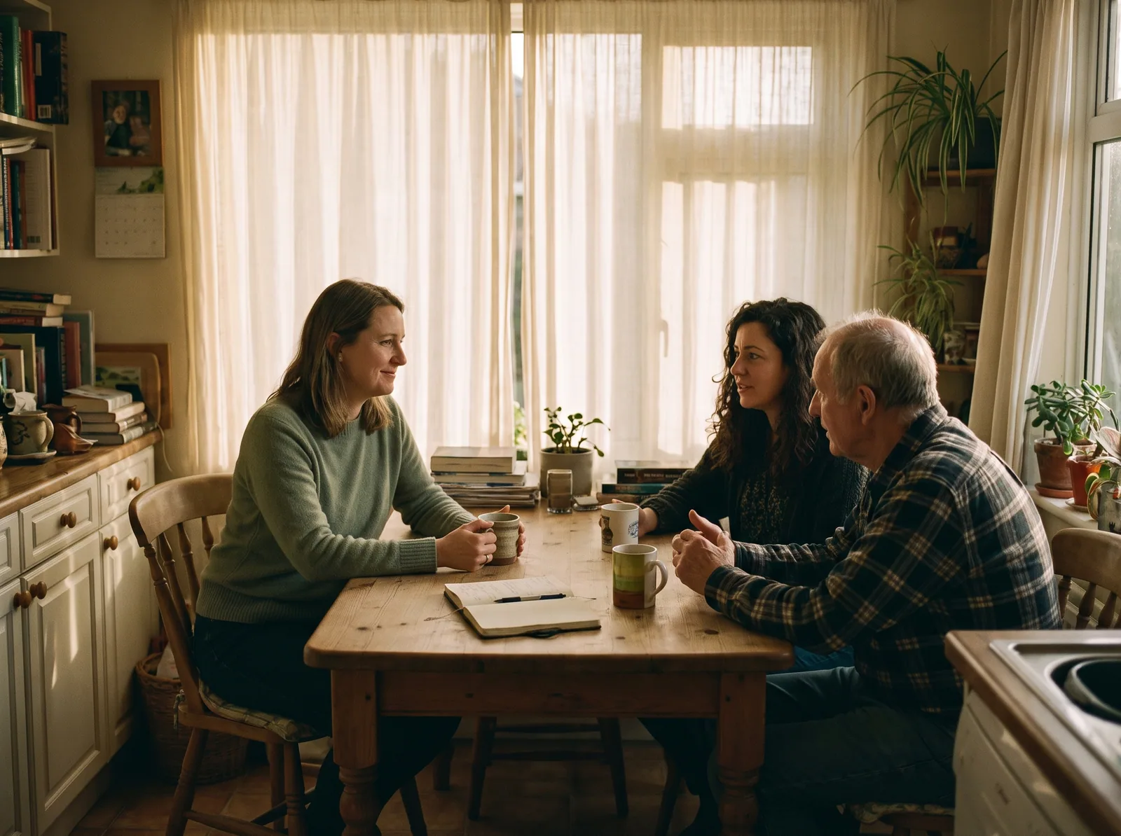 A first in-home conversation at a kitchen table: a caregiver listens while an adult daughter and her older father talk over tea, a notebook on the table.
