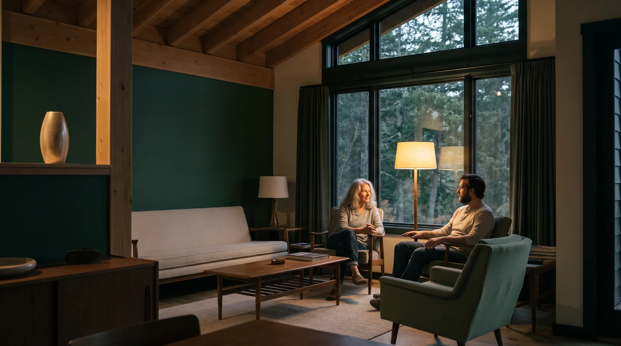 A caregiver and an older adult sit together near a large window in a calm, low-lit living room at dusk.