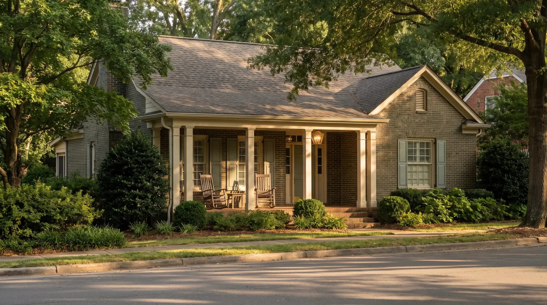 A handsome older Charlotte brick home with a deep covered front porch and two rocking chairs among mature oak trees in warm evening light.