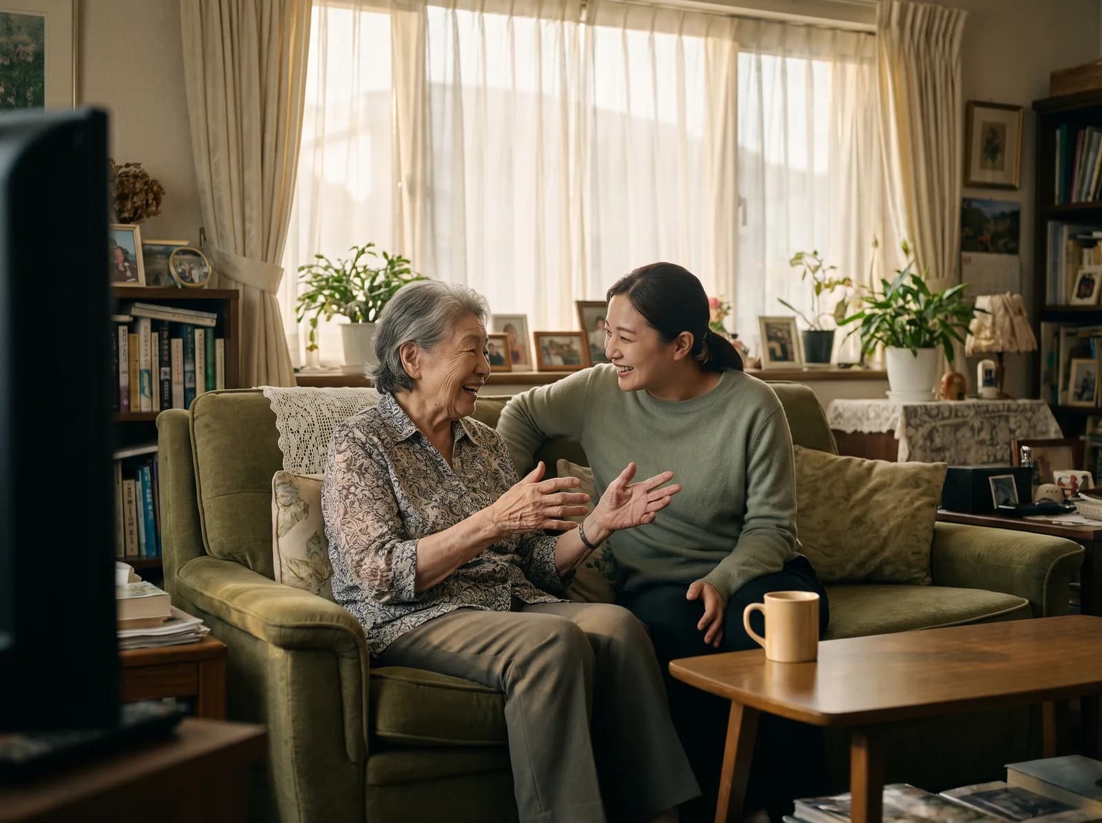 A caregiver and an older woman sit close on a sofa mid-conversation, the older woman gesturing as she tells a story.