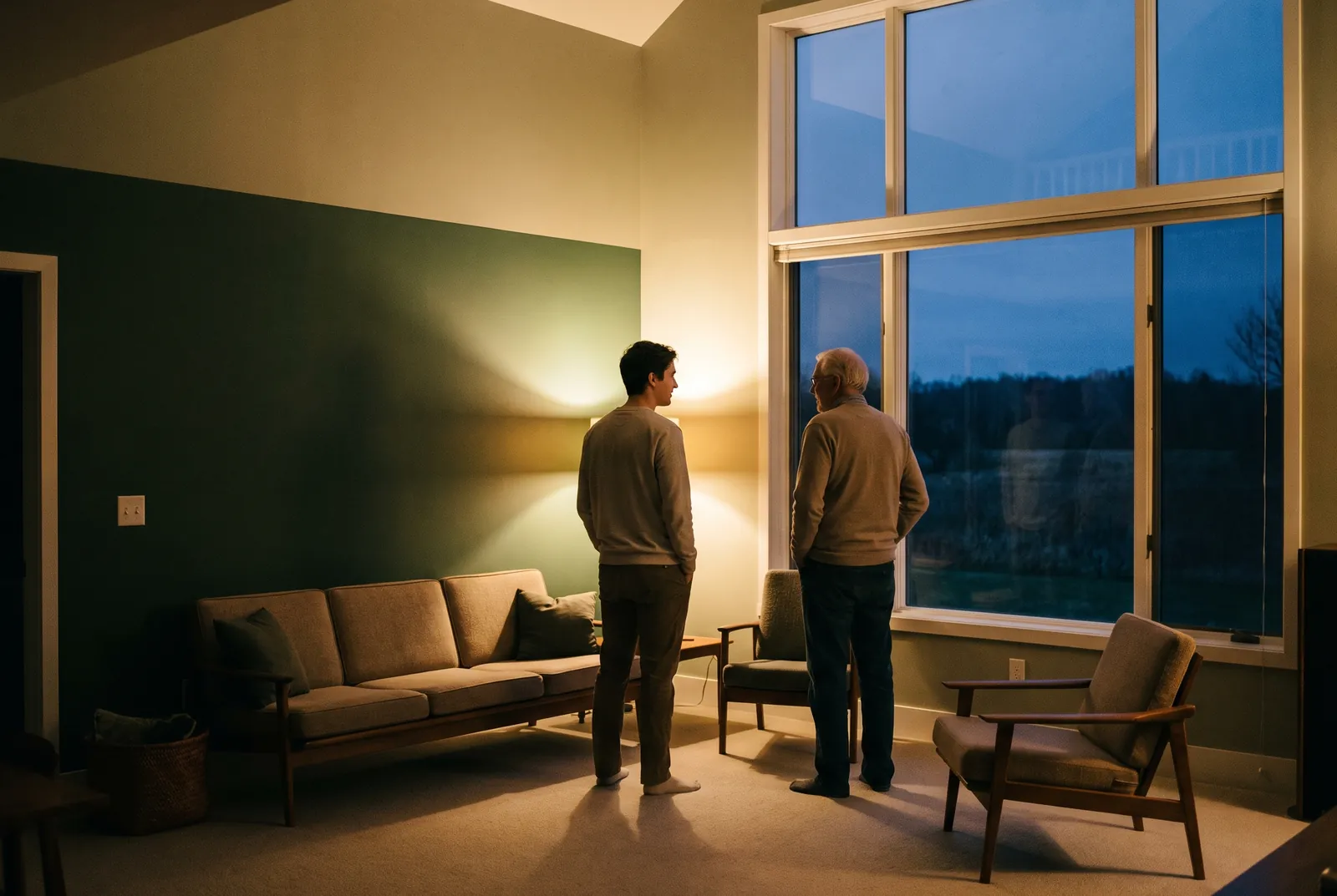 A caregiver and an older client stand together at a large window in a calm, spacious home at dusk, small in a quietly grand room.