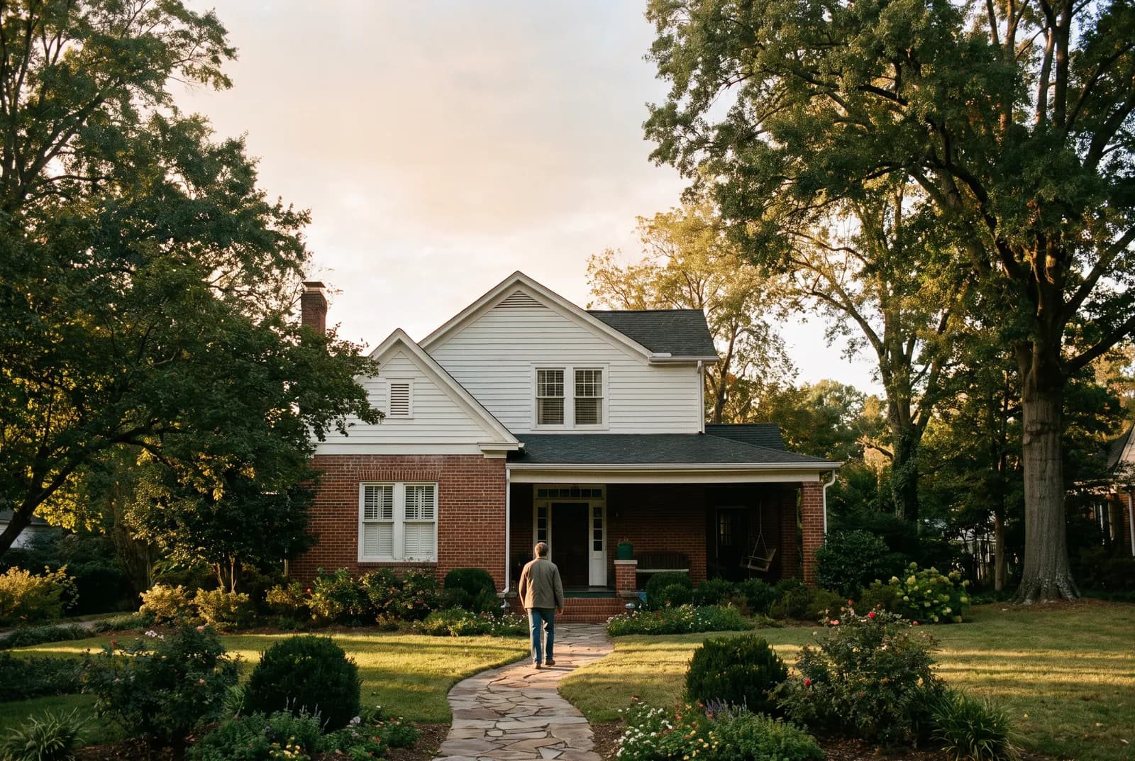 A caregiver walks up the flagstone path to the porch of a handsome older brick home among mature trees in warm evening light.