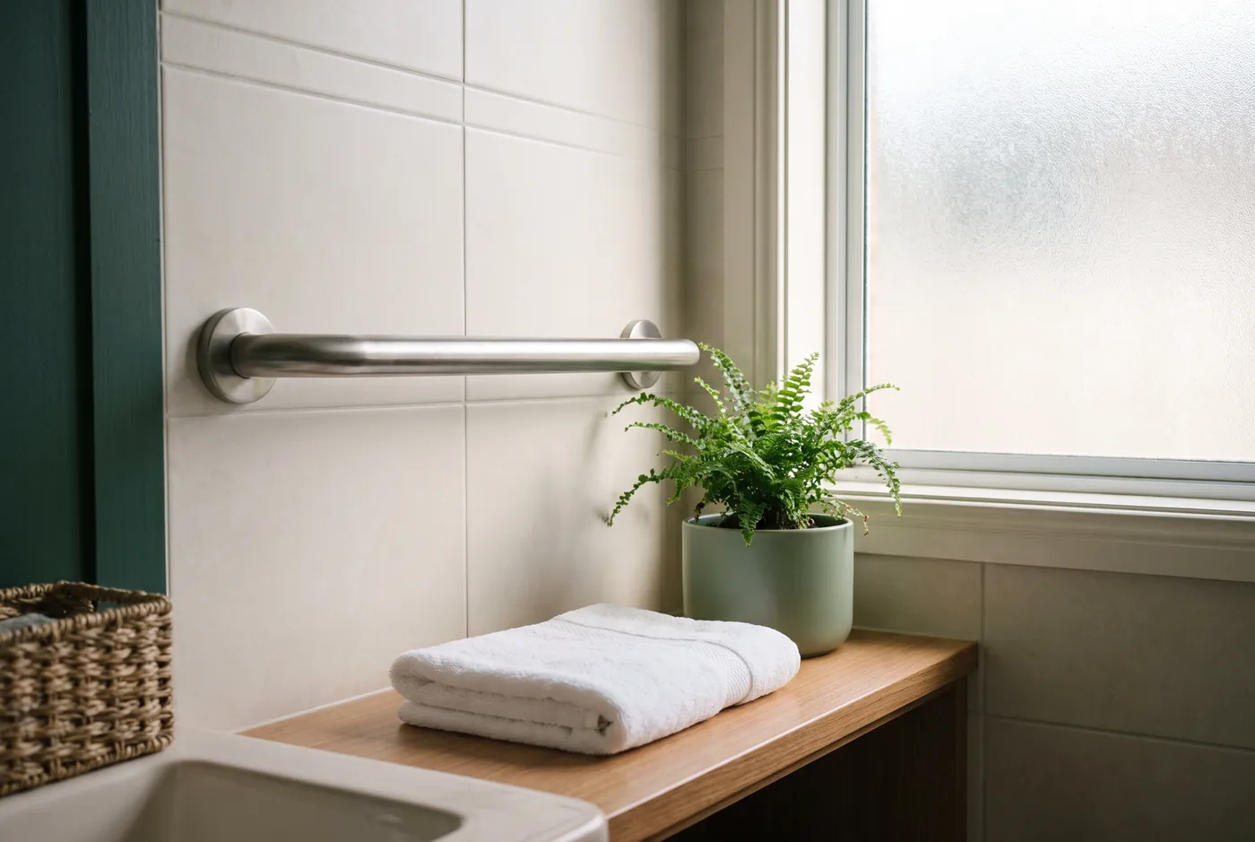 A brushed-steel grab bar on a white-tiled bathroom wall beside a folded towel and a fern on a wood shelf.