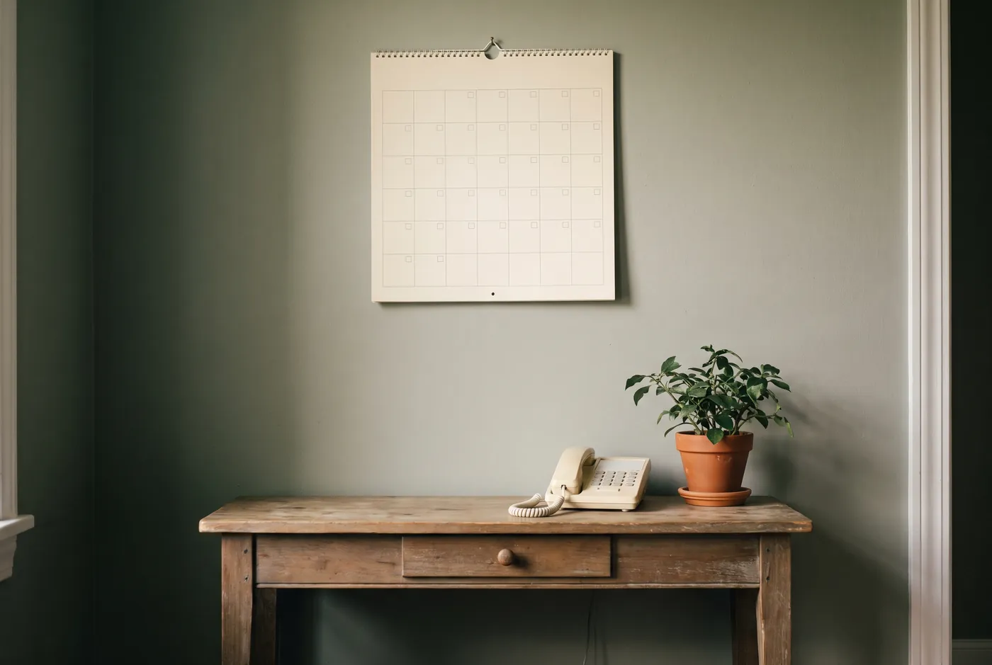 A plain wall calendar above a hallway table holding a simple phone and a small potted plant.
